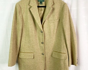 Vintage Ralph Lauren Tan Wool Blazer with Leather Trim XL FREE SHIP