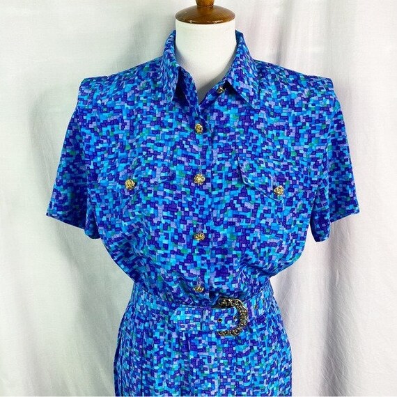 Vintage 80s Blue Pixel Geometric Graphic Print Dr… - image 2