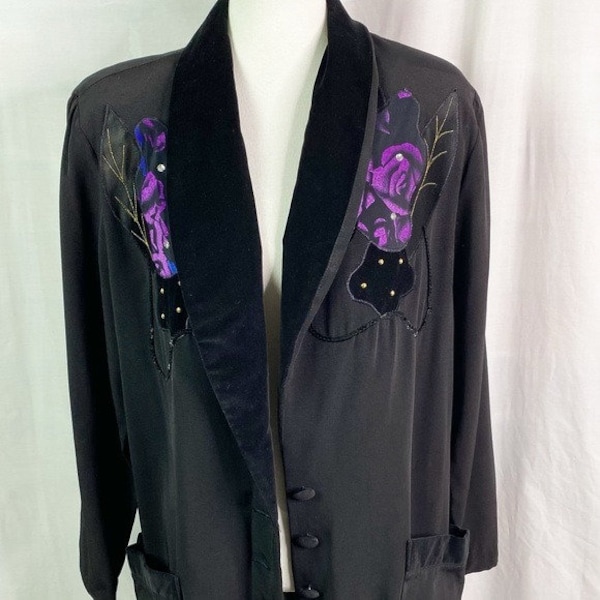 Vintage 80s Black Oversized Blazer Jacket Purple Flowers Velvet Collar XL