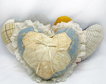 Vintage Patchwork Quilt Hearts Stuffed Plush Pink and Blue Lace Trim Set of 3