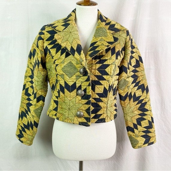 Vintage Quilted Tapestry Cropped Jacket Golden Ye… - image 1