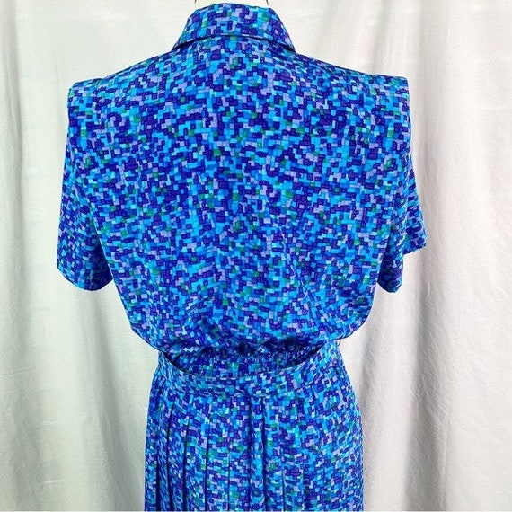 Vintage 80s Blue Pixel Geometric Graphic Print Dr… - image 4