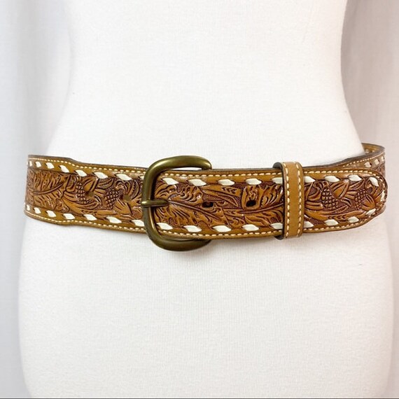 Vintage Western Boho Tooled Leather Belt HERB Name