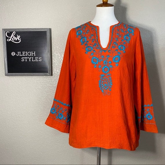 Vintage 60’s Flower Embroidered Orange Cotton Top