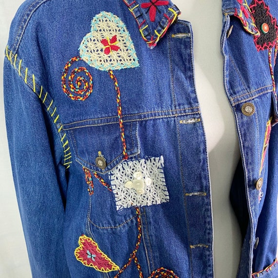 Vintage Boho Crochet Trim Heart Embroidered Jean … - image 3