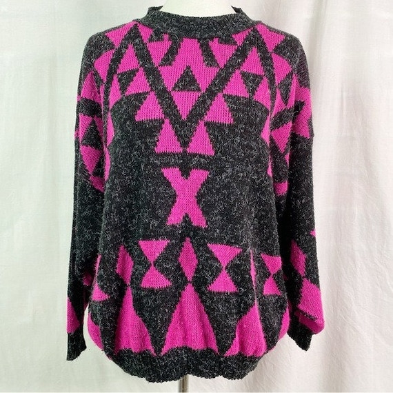 Vintage Pink Black Geometric Print Sweater XL - image 1