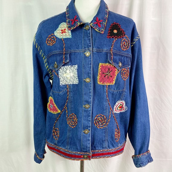 Vintage Boho Crochet Trim Heart Embroidered Jean … - image 1