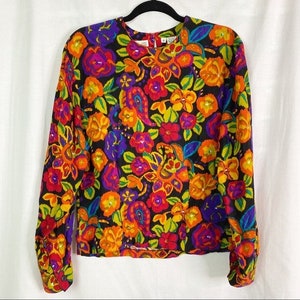 Vintage 80’s Bright Psychedelic Floral Paisley Print Long Sleeve Top Med