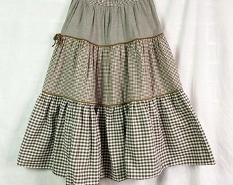 Vintage Brown White Gingham Plaid Tiered Prairie Skirt Sm/Med OOAK RARE
