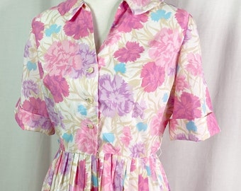 Vintage 50’s Pink Floral Print Fit N Flare Dress Small