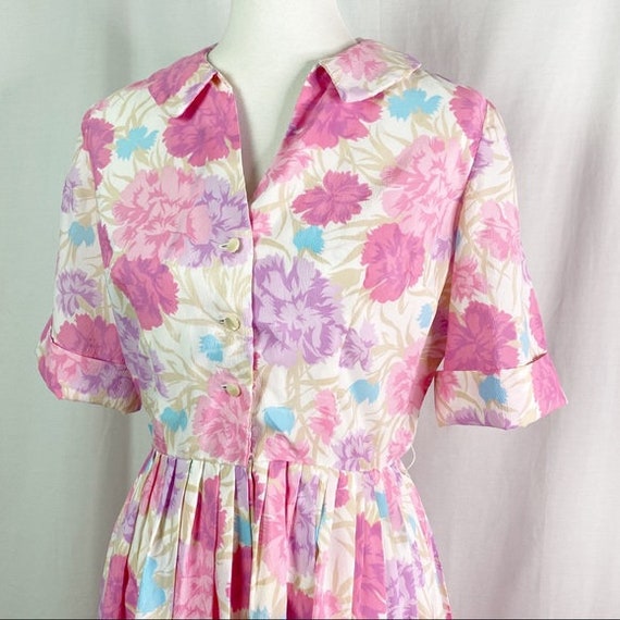 Vintage 50’s Pink Floral Print Fit N Flare Dress … - image 1