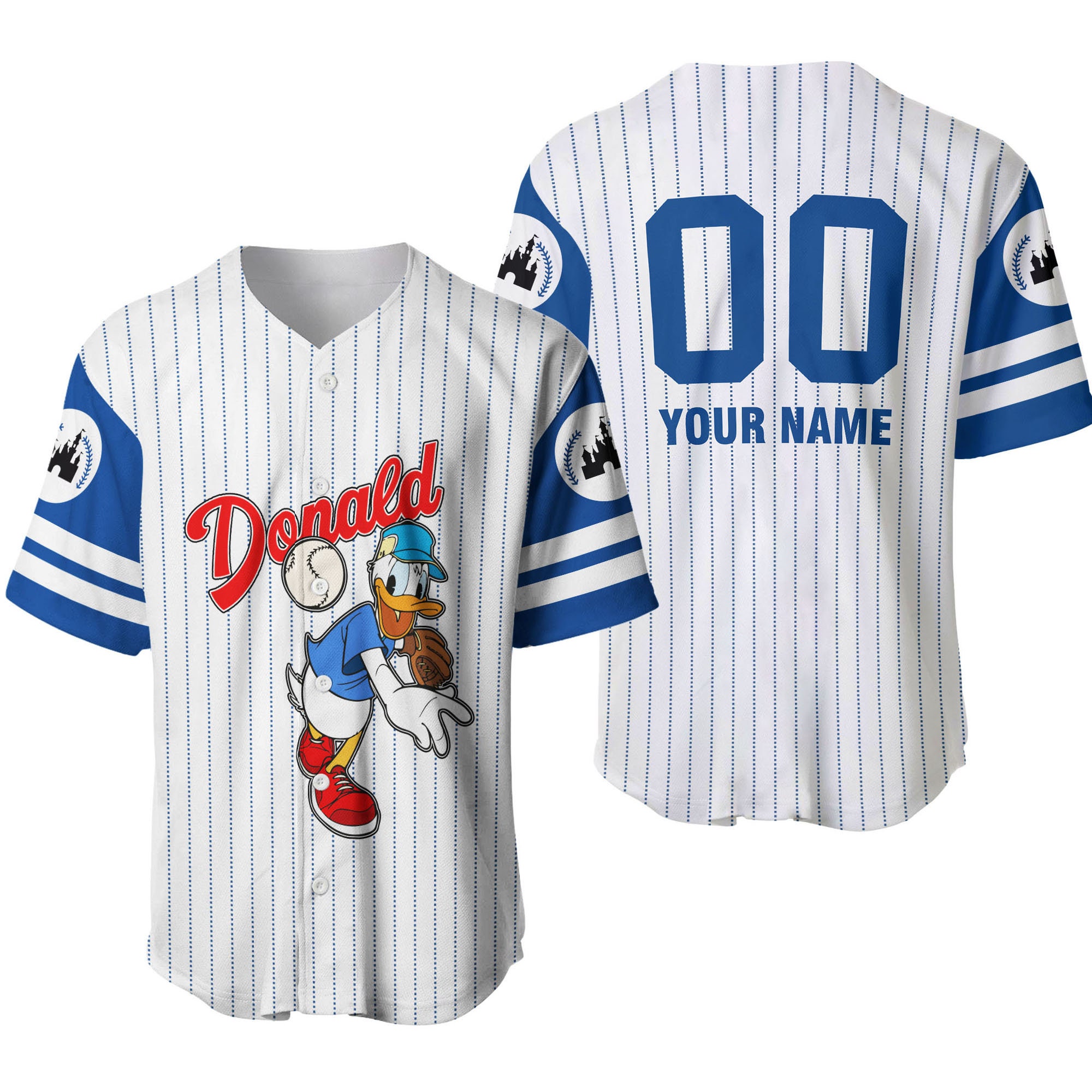 Discover Donald Duck Blue White Disney Custom Name Number Baseball Jersey