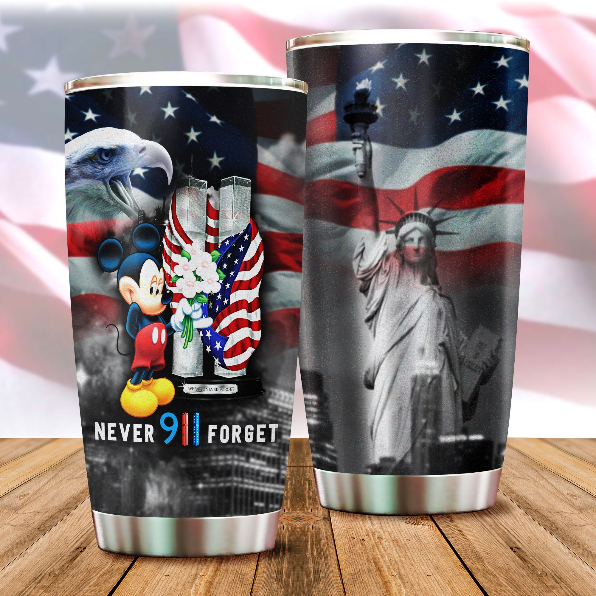Mickey Mouse US Flag Never Forget 911 Disney Graphic Cartoon Stainless Steel Tumbler