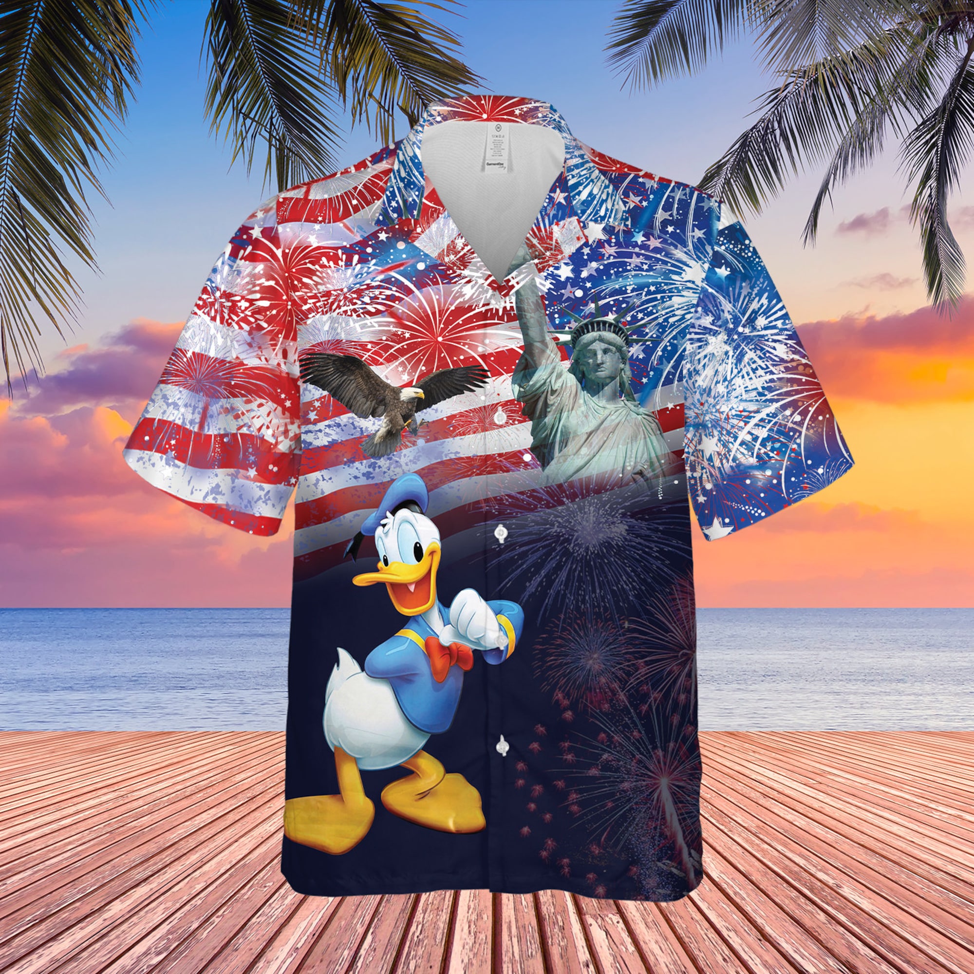 Discover アヒル メンズ レディース ハワイアン シャツ Donald duck USA Aloha 夏休み 海