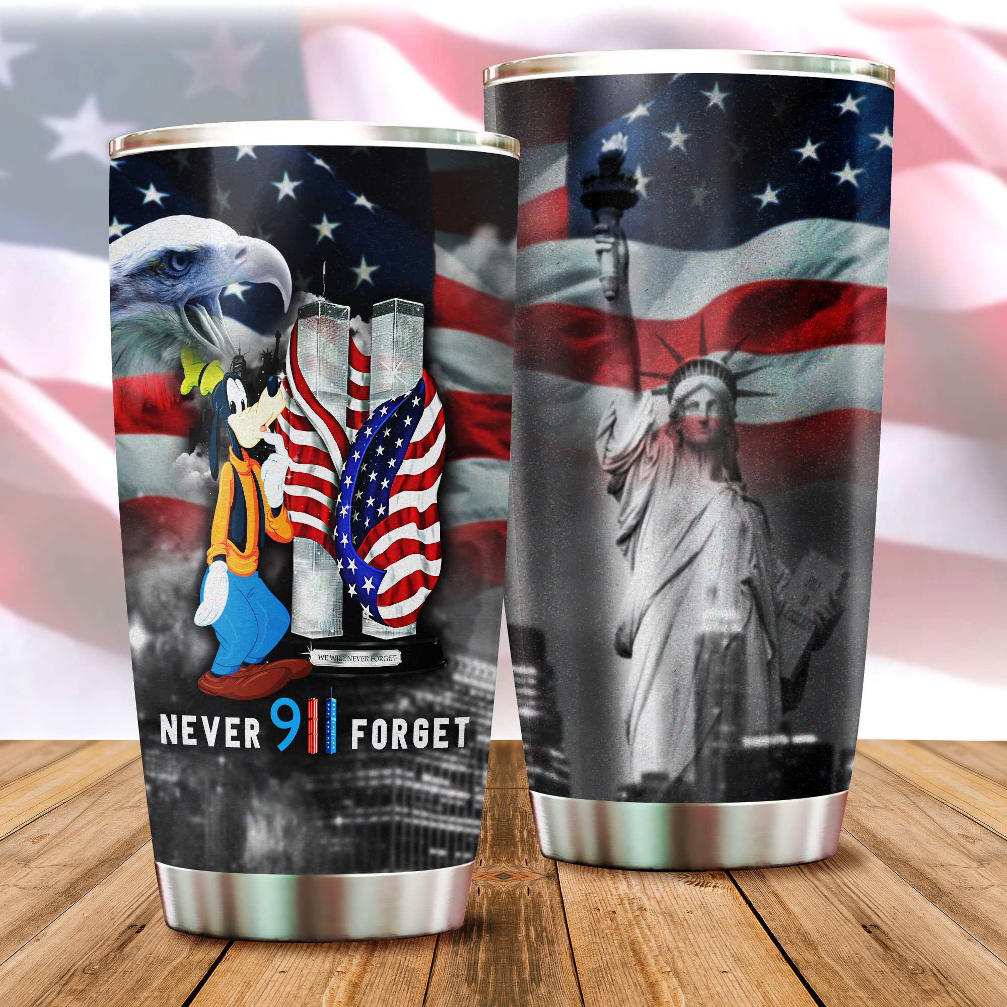 Goofy US Flag Never Forget 911 Disney Graphic Cartoon Stainless Steel Tumbler