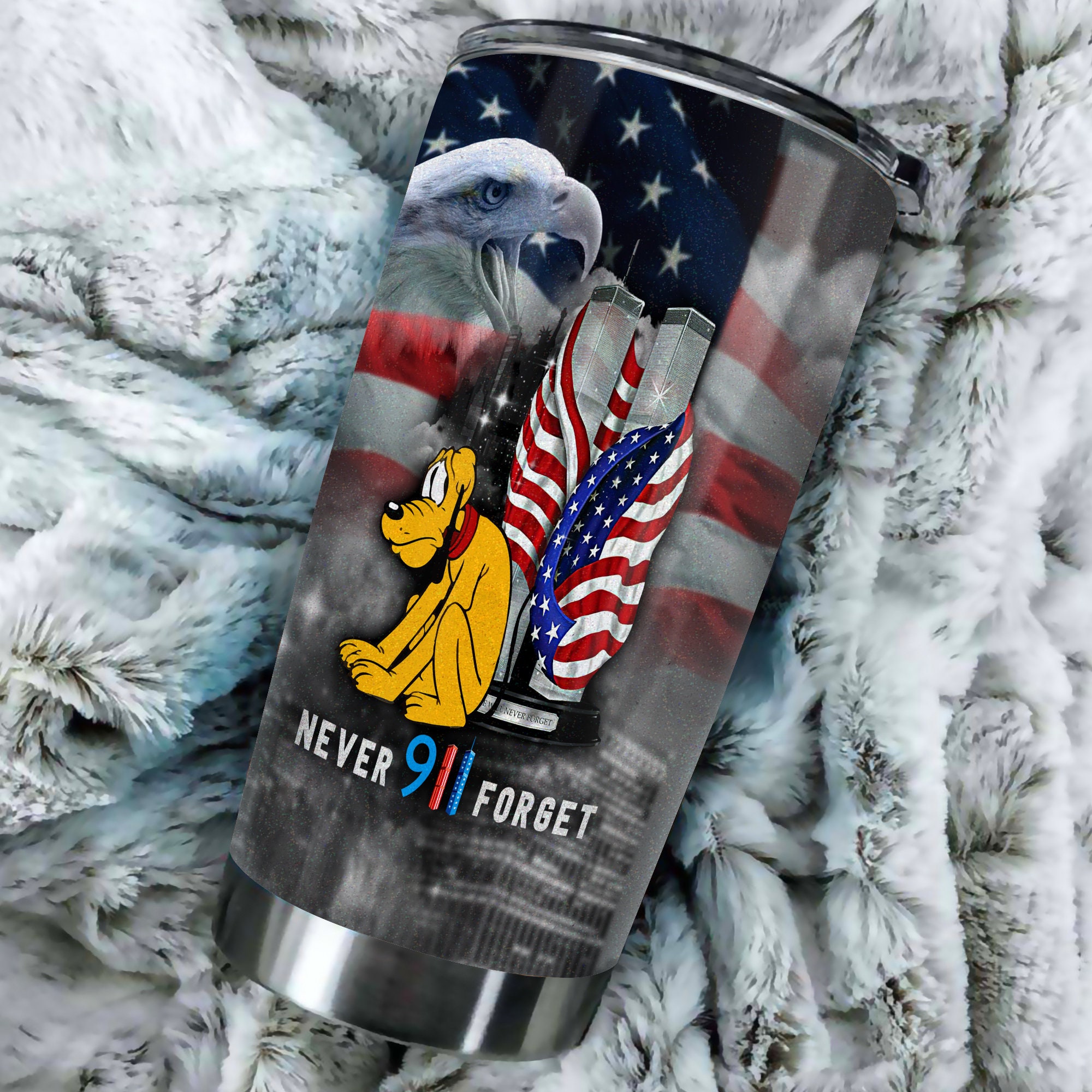 Pluto US Flag Never Forget 911 Disney Graphic Cartoon Stainless Steel Tumbler
