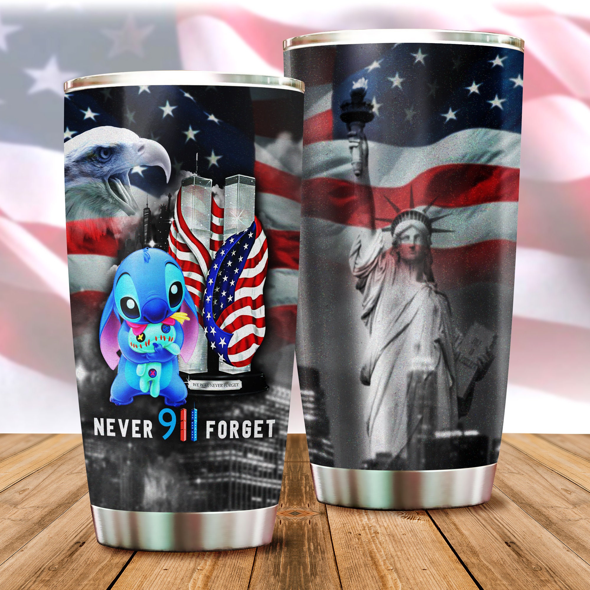 Stitch US Flag Never Forget 911 Disney Graphic Cartoon Stainless Steel Tumbler