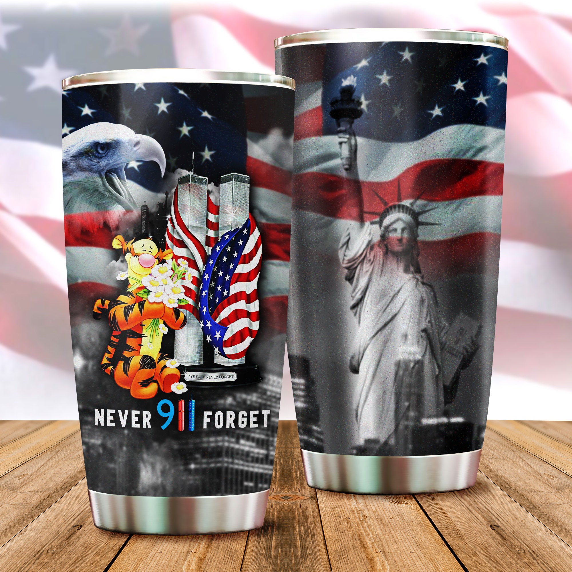Tigger US Flag Never Forget 911 Disney Graphic Cartoon Stainless Steel Tumbler