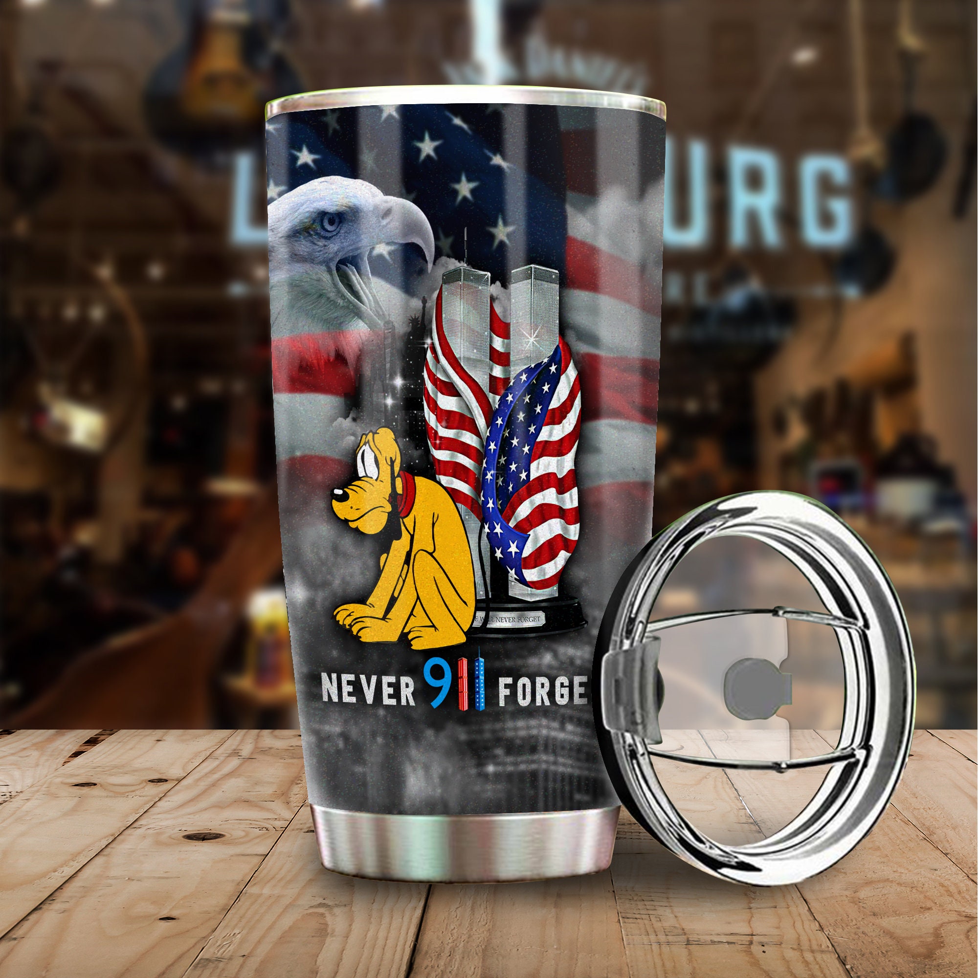 Pluto US Flag Never Forget 911 Disney Graphic Cartoon Stainless Steel Tumbler
