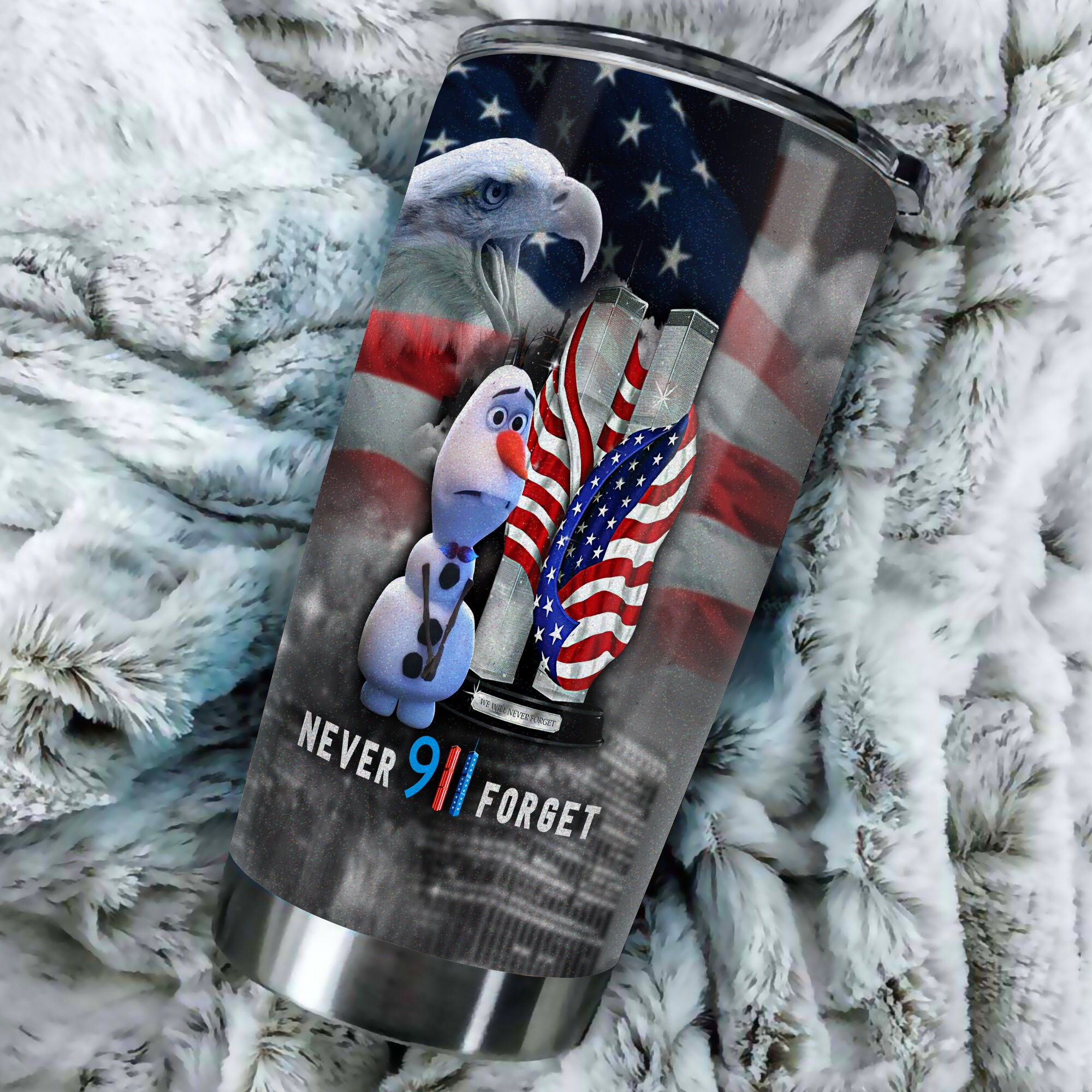 Olaf Frozen US Flag Never Forget 911 Disney Graphic Cartoon Stainless Steel Tumbler
