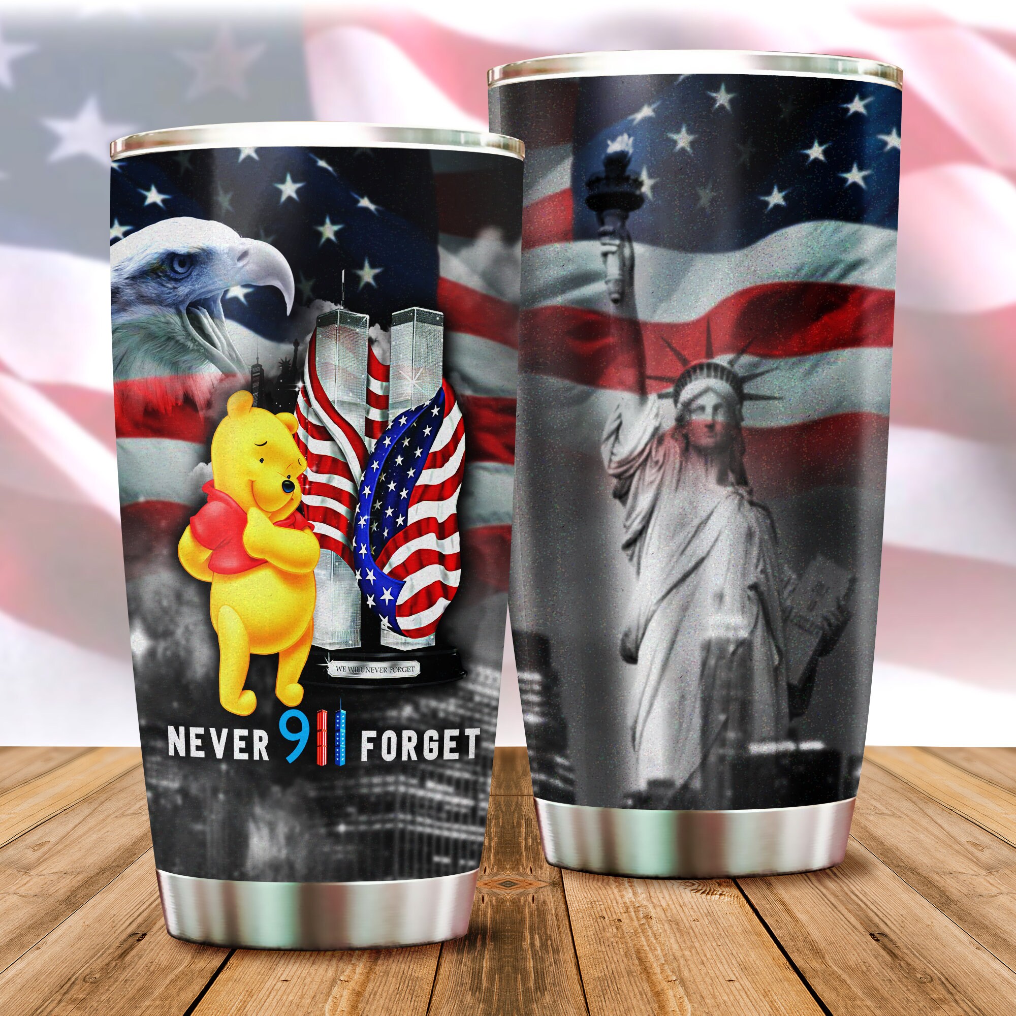 Pooh Bear US Flag Never Forget 911 Disney Graphic Cartoon Stainless Steel Tumbler