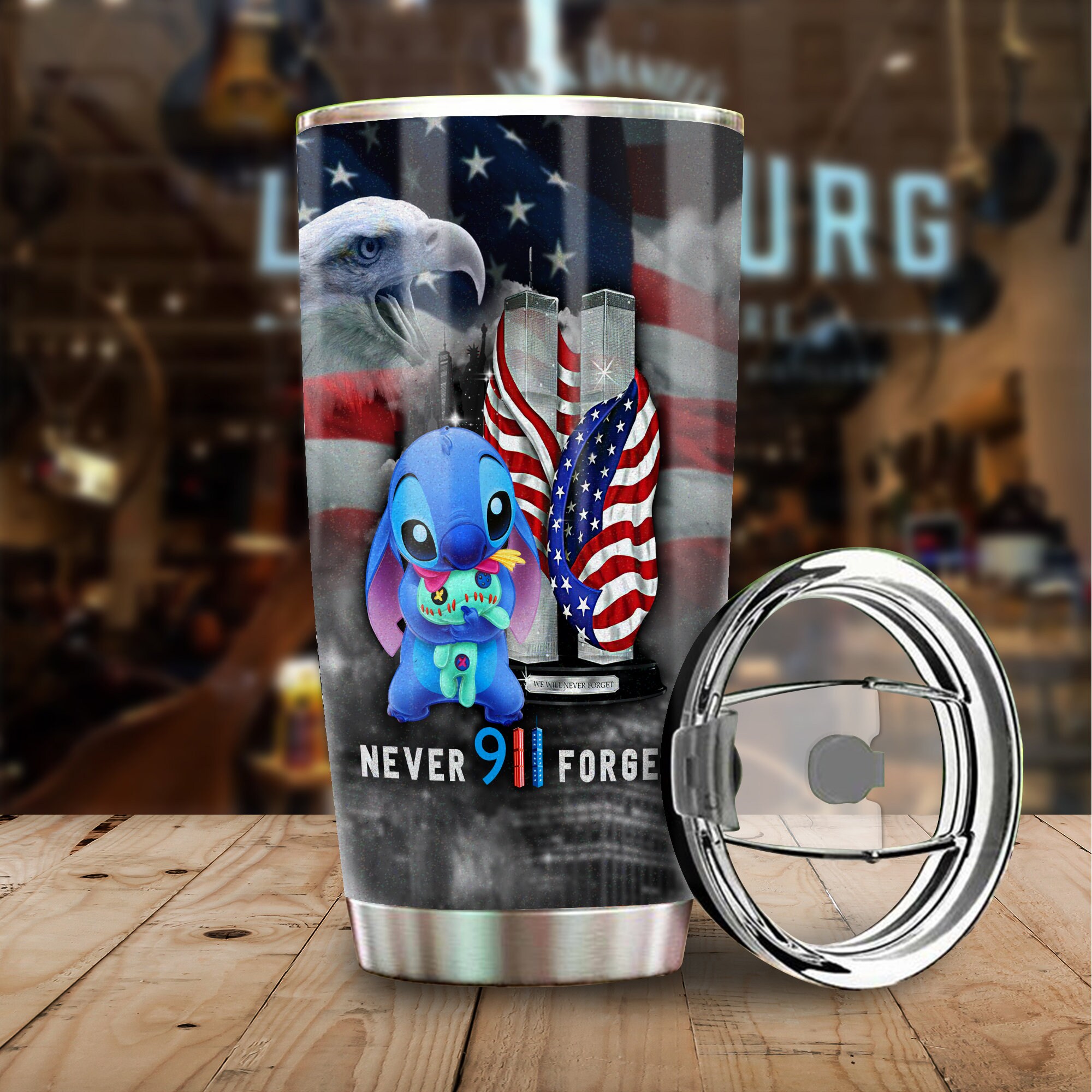Stitch US Flag Never Forget 911 Disney Graphic Cartoon Stainless Steel Tumbler