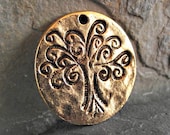 25mm Tree of Life Pendant Round Hammered Gold Pewter C-83,tree of life pendant,gold tree of life,hammered pendants,ancient pendants