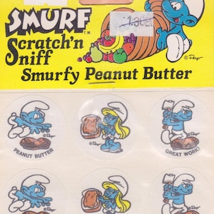 Vintage Smurf Scratch & Sniff Stickers Smurfy PEANUT BUTTER