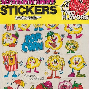 Pegatinas vintage de Spindex Scratch N Sniff de los años 80 con diseño de palomitas de maíz y fresas