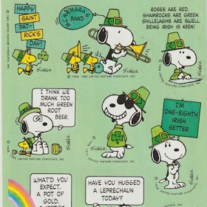 Vintage 1980s HALLMARK Peanuts SNOOPY Sticker Sheet ST. Patrick&#39;s Day