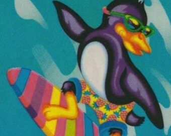 Vintage Lisa Frank Sticker SURFING PENGUIN