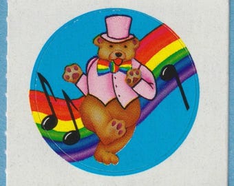 Pegatina vintage de Lisa Frank con diseño de oso arcoíris bailando