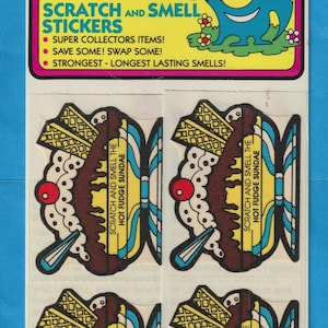 Lot de 8 autocollants vintage à gratter et à renifler Mello Smellos Sniffys Hot Fudge Sundae CUIR