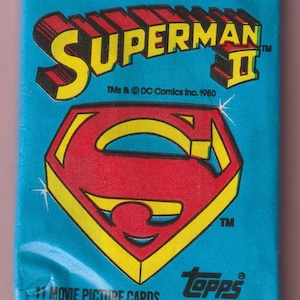 Paquetes de cera de Superman II de la década de 1980, cartas coleccionables, pegatinas y chicles