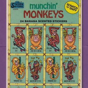 Vintage The STICKER STORE Kratz- und Schnüffelsticker Munchin' Monkeys BANANE