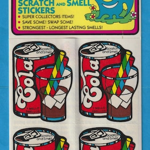 Lot de 8 autocollants vintage Mello Smellos à gratter et à renifler Sniffys COLA BANANA