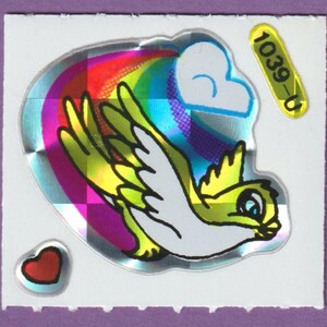Sticker prisme BJ vintage des années 1980, coeur d'oiseau arc-en-ciel