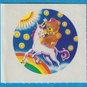 Sticker Lisa Frank vintage OURS sur une LICORNE