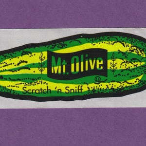 Adesivo vintage Mello Smello Scratch & Sniff degli anni '80 Mt. Olive PICKLE