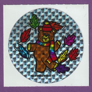 Vintage BJ 1980s BEAR Prism Sticker NOVEMBER Fall Leaves