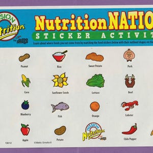 Feuille d'activité sur les autocollants nutritionnels Mission Mello Smellos vintage