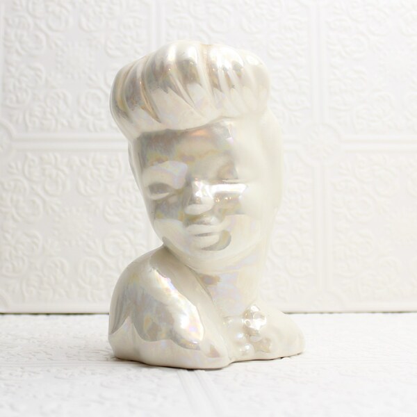 Vintage glamour girl lady head vase Luster Iridescent White Hobbist piece Shabby Cottage Mid Century Planter