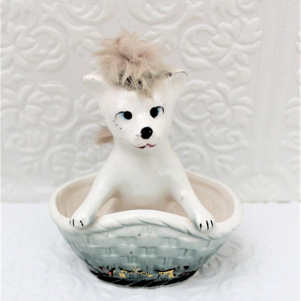 Vintage dog in a basket figurine Fur Souvenir piece Empress Made in Japan Kitschy Home decor Ceramic Knick Knack Animal lover