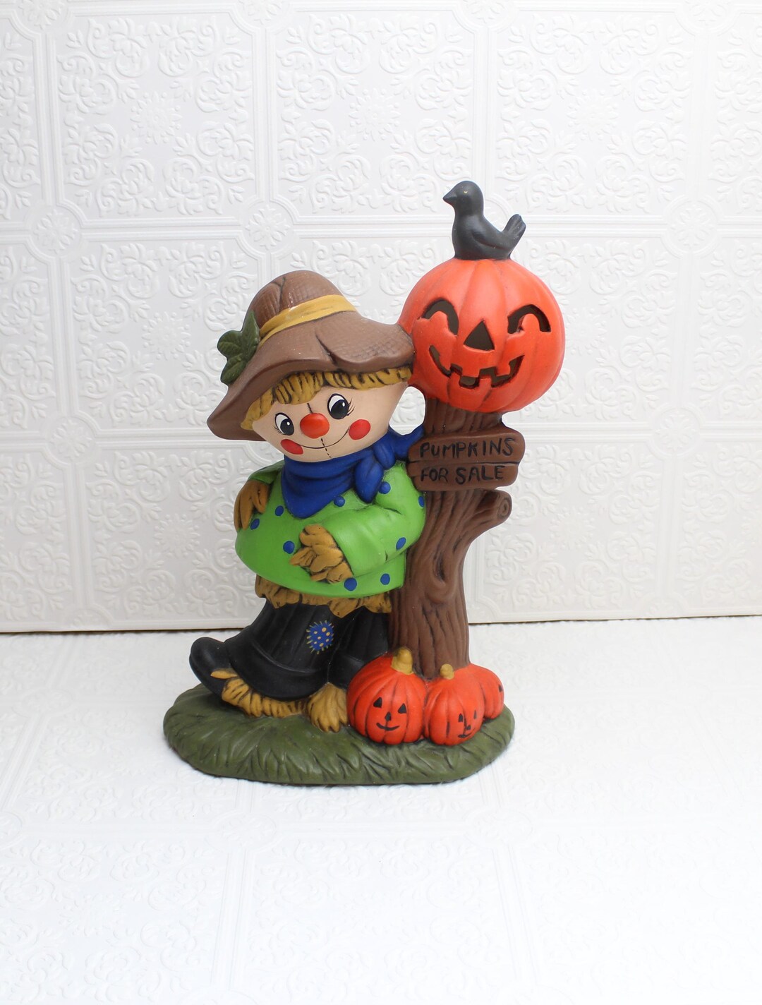 Vintage Halloween Ceramic Scarecrow Jack O' Lantern Pumpkins Statue ...