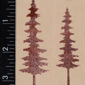 Könnte beinhalten: Zwei braune Papieretiketten mit einer Silhouette einer Kiefer auf jedem. Die Bäume sind dunkelbraun und haben eine strukturierte Optik.