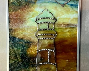 ONE-OF-A-KIND, Beautiful Stained Glass Seashore Bevel Lighthouse