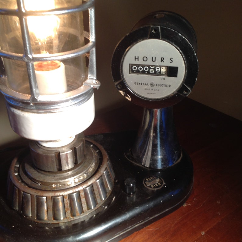 Industrial repurposed custom made lamp with hour meter Explosion proof cage Steampunk light Upcycled