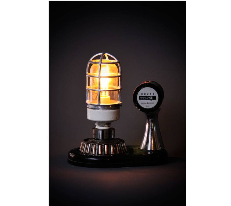Industrial repurposed custom made lamp with hour meter Explosion proof cage Steampunk light Upcycled