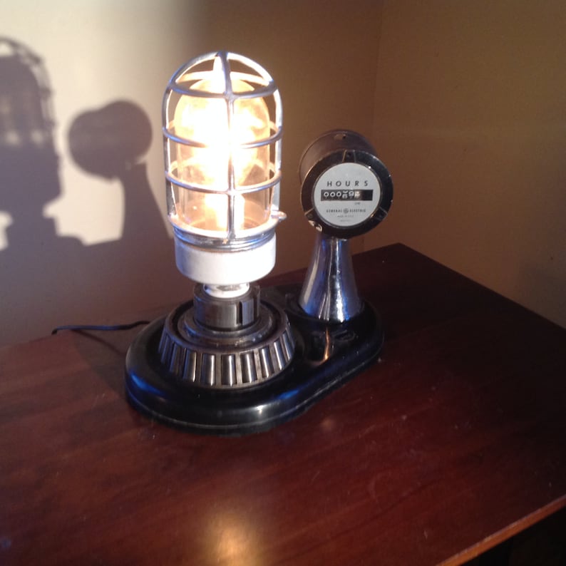 Industrial repurposed custom made lamp with hour meter Explosion proof cage Steampunk light Upcycled