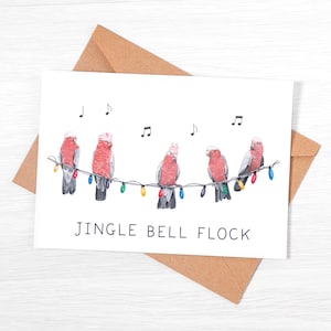Pinke Galah Weihnachtskarte - ""Jingle Bell Flock"""
